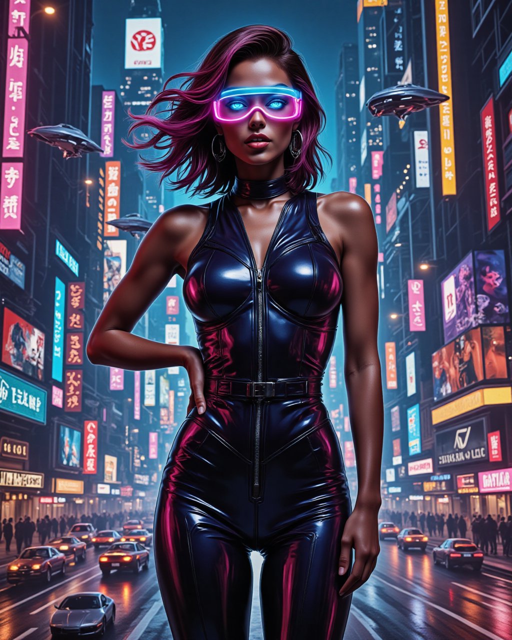 (masterpiece), cyberpunk art, neon lights, dark futuristic cityscape, best quality, good anatomy, (1 girl), a striking woman depicted from the waist up, her body clad in a sleek, futuristic outfit made of reflective materials that hug her curves. Her expression is confident and teasing, her lips curved into a mischievous smile as her glowing, neon-blue eyes peer through a transparent visor. Her hand rests on her hip, while strands of her neon-dyed hair cascade around her face, reflecting the neon lights of the futuristic city behind her. The background is filled with towering skyscrapers, holographic billboards, and flying cars, creating a vibrant, electric atmosphere that contrasts with her sensual pose