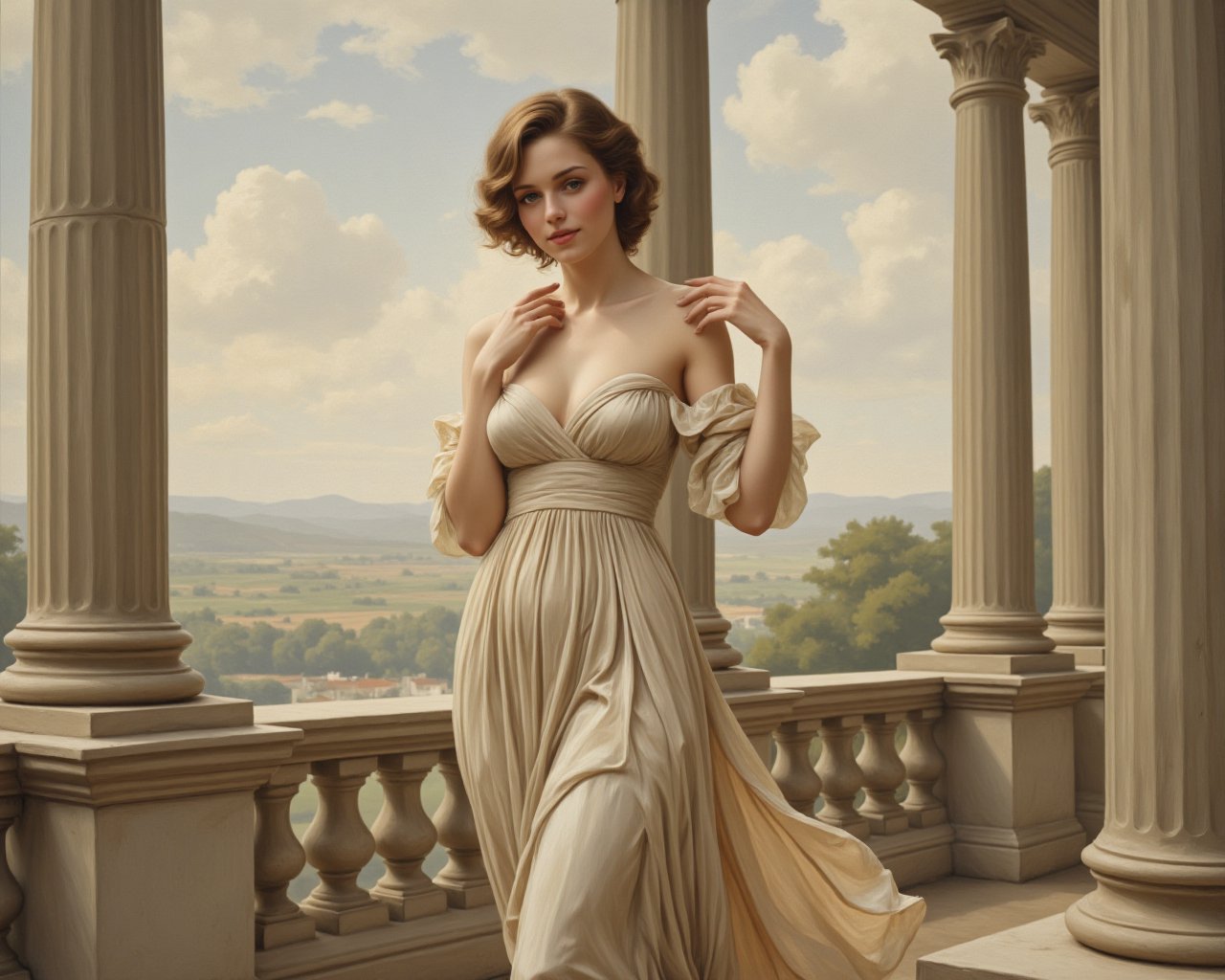 (masterpiece), neoclassicism, soft brushstrokes, elegant composition, best quality, good anatomy, (1 girl), a beautiful woman depicted from the waist up, her body gracefully positioned as she turns slightly, her hand resting gently on her exposed collarbone. Her light, flowing gown drapes softly across her shoulders, revealing the smooth, delicate curve of her neck. Her expression is serene, with a subtle, inviting smile on her lips. The soft, natural light bathes her figure, casting gentle shadows that highlight her elegant form. The background features classical columns and a soft, muted landscape, adding to the timeless beauty of the scene.