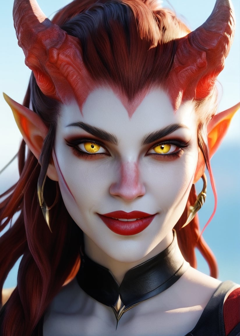 Photo, beautiful tiefling demon woman with yellow eyes and red lips, smile, closeup shot, sunny day, half body shot 