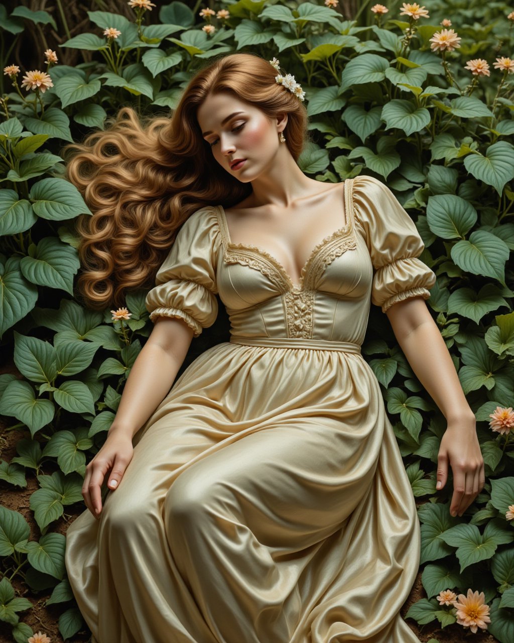 (masterpiece), pre-raphaelite art, rich detail, intricate fabric, best quality, good anatomy, (1 girl), a beautiful woman reclining in a bed of lush, green foliage. Her body is elegantly posed, her gown flowing around her in soft waves of fabric, revealing the gentle curves of her figure. Her expression is calm and serene, her eyes half-closed as if lost in thought. Her long, flowing hair cascades over her shoulders, intertwined with delicate flowers and leaves. The background is a lush, natural landscape, filled with vibrant greenery and delicate blossoms, creating a sense of harmony and connection with nature