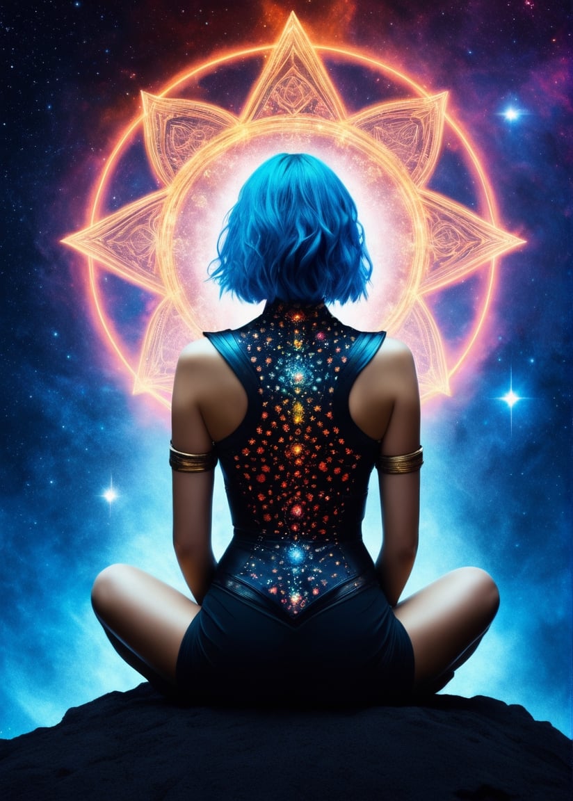 psychodelic,in a space, A female deity with nebula-colored hair sitting with her back to the viewer, her back is covered with cosmic symbols, view from back,Movie Prince Dastan