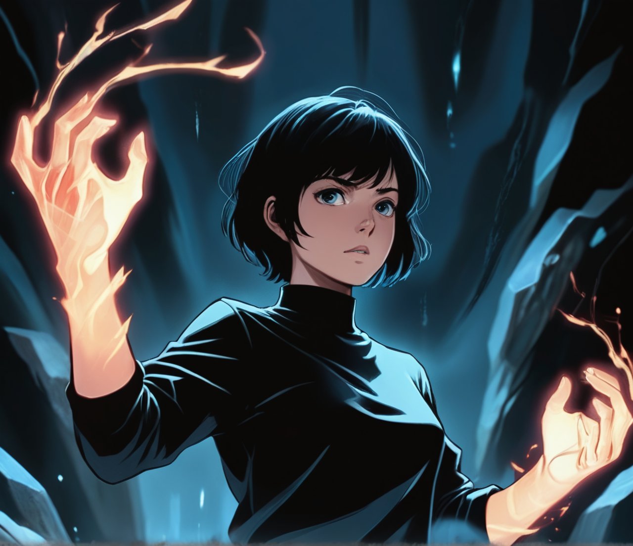 A mysterious figure emerges from the darkness. One girl, with short black hair and a bold expression, stands alone in a sea of blackness. She wears a shirt and long sleeves, her gloved hands clenched into fists. In front of her, a boy's upper body is illuminated by an eerie glow, his closed eyes and mouth frozen in a state of mesmerized calm. The air crackles with fiery intensity as the dark background seems to pulse with energy.