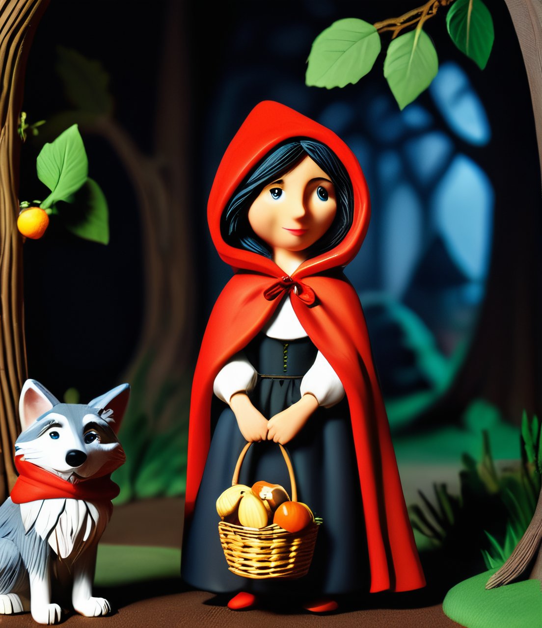 Aardman claymation style, Red Riding Hood, 28 years old, natural dark lighting,  best quality, close up shot