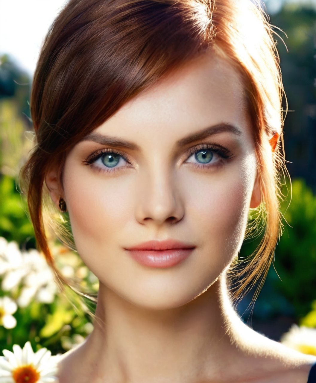 Extremely realistic photo portrait of a woman, face shot, gentle make-up, smirk, sunny day , garden, detailed eyes 