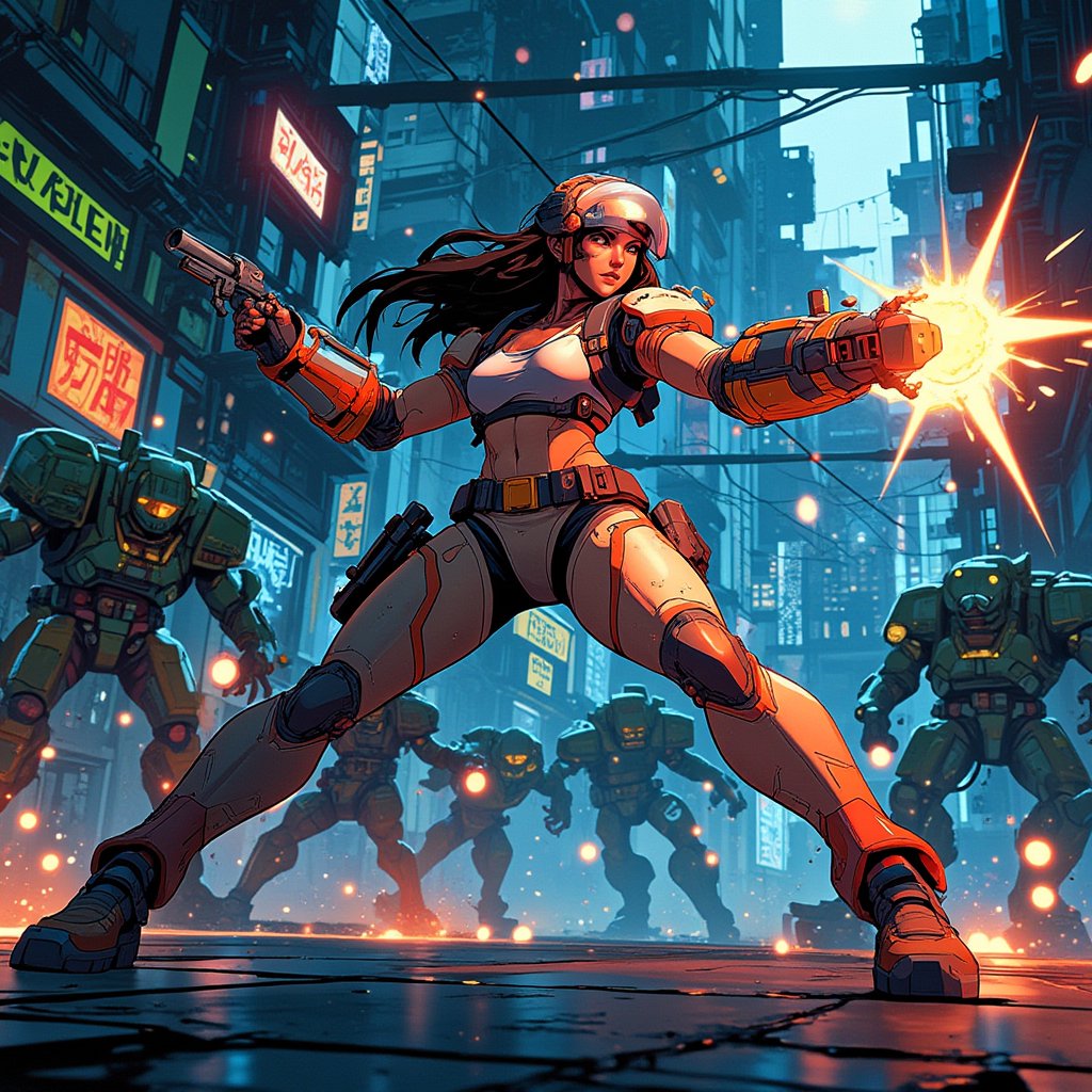 animeniji,niji,2D flat anime, a skilled mech pilot with a determined look, fights off robotic enemies in a high-tech urban battleground. Sparks fly as her mech's arm swings, deflecting attacks while she readies her next move. The scene is filled with dynamic action and glowing neon lights, emphasizing the fast-paced combat, vibrant colors, and intricate details.