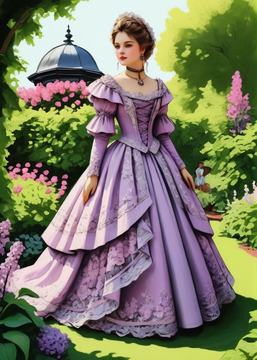 Ink illustration,  of a woman in lilac victorian dress, garden