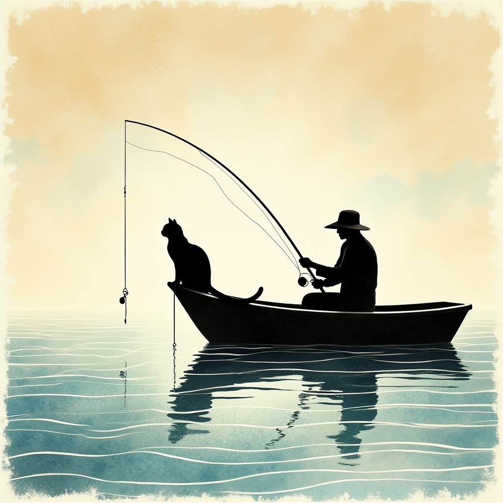 Silhuflowart,Fluid,Silhouette,Pastel, a fisherman is fishing with a cat sitting on the bow of the boat