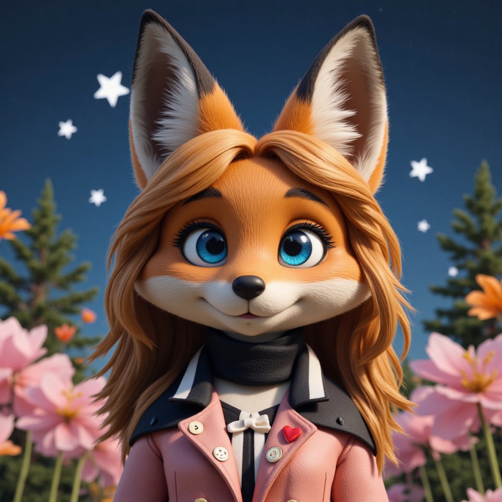 Captured in a 3D perspective, a medium-sized cartoon girl fox with long wavi hair is depicted in a close-up shot. The fox's fur is a vibrant shade of brown, while its ears are a darker shade of gray. Cute smile. Its eyes are a piercing blue, and its eyelashes are a lighter shade of blue. Its nose, a black scarf, and a black jacket with a white stripe down the center of its face. The jacket is a light pink color, with a black collar and a white ribbon tied around the neck. A heart-shaped button is affixed to the jacket, adding a touch of warmth to the scene. The background is a dark blue, with white stars dotting the sky. In a magic flower garden