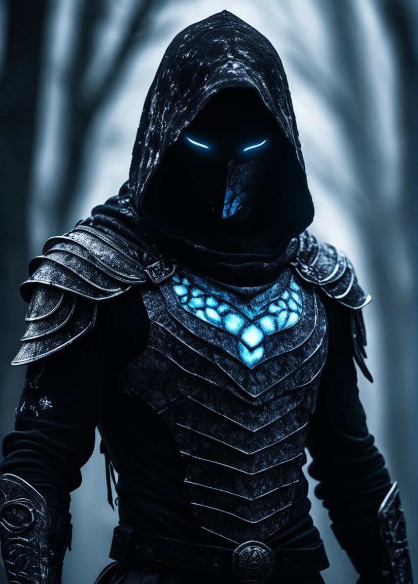 A dark ghostly male silhouette. Messenger of Gaa. Cracked skin. light armor. Cracked armor. Canvas hood. Runic circle. Elements. Power from inside. Glowing eyes. Bokeh blur. ral-dissolve.BadDream photorealistic,