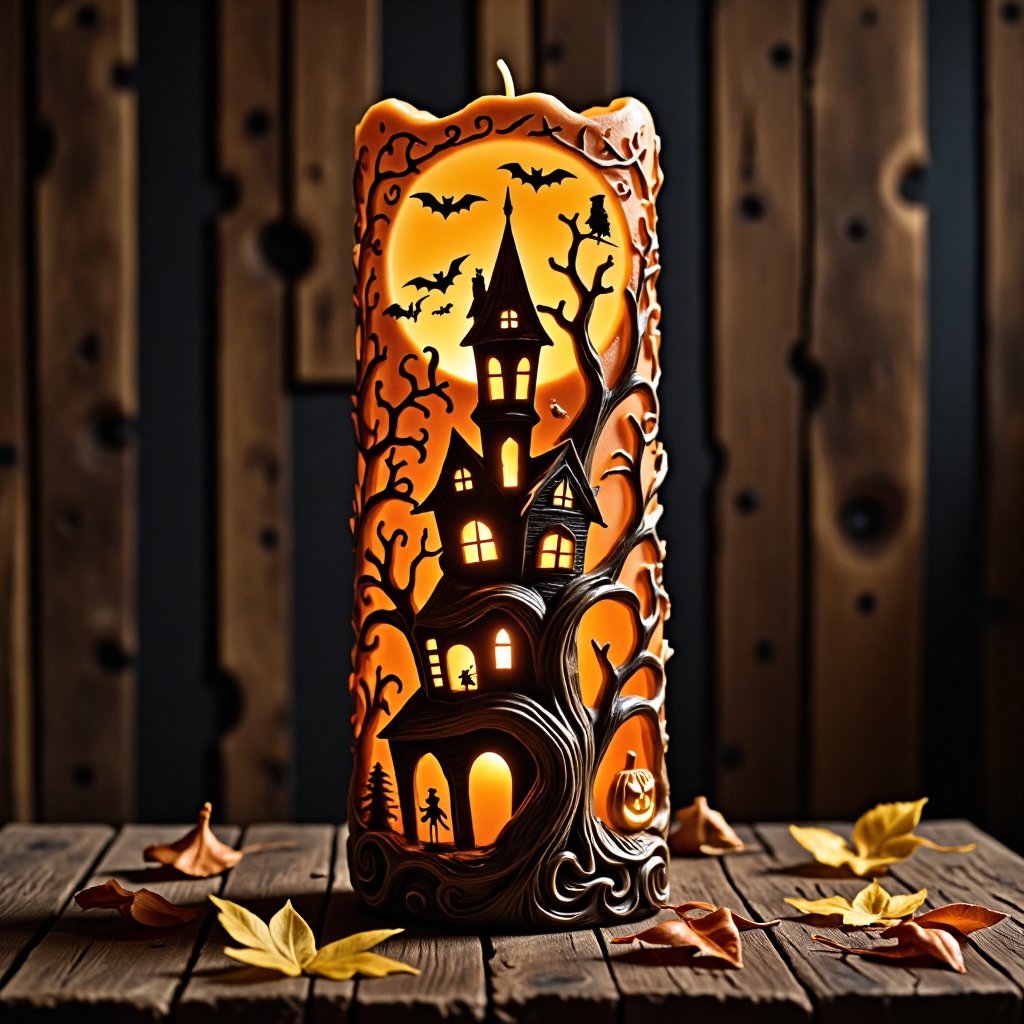 CANDLE, A beautifully carved Halloween candle, intricately designed with deep, layered patterns of haunted houses, twisted trees, and eerie jack-o'-lantern faces. The candle glows softly from within, casting flickering shadows on the surrounding walls. The layers of wax create a sense of depth, with each detail—from ghostly figures in the windows to bats circling the moon—carved meticulously into the wax. The top of the candle is shaped like a full moon, with silhouettes of witches flying on broomsticks. The warm orange light from inside the candle illuminates the delicate carvings, giving the scene an ethereal, otherworldly glow. The candle sits on a weathered wooden table, surrounded by scattered autumn leaves, adding to the Halloween ambiance