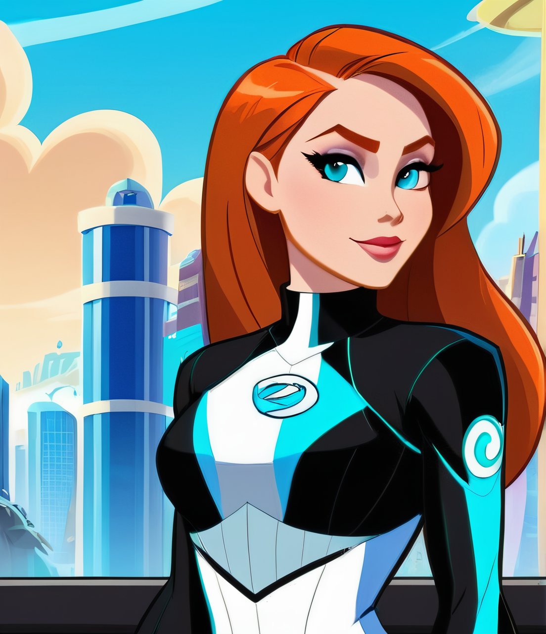 kim possible, beautiful enverinment, half body, 2d animation, loose hair, city background