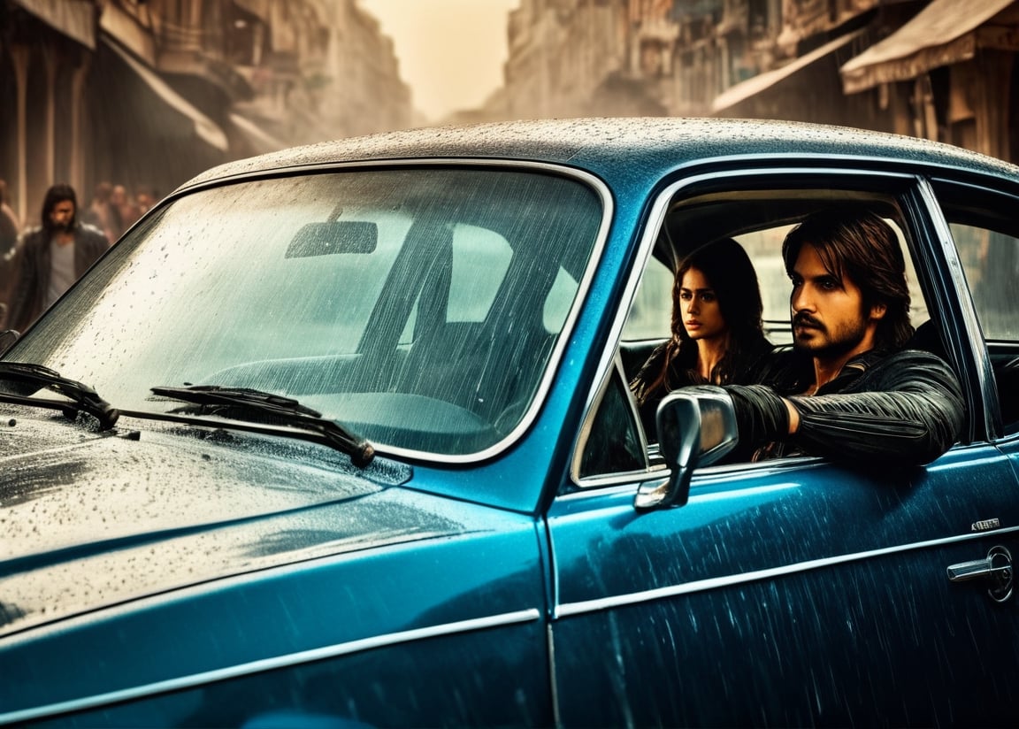 movie Driving front view of, man driving, the woman  next to him  in the passenger seat, ultra quality, full body  shot, beautiful city environment, detailed background, hdr, 8k,  sharp focus, rain,Movie Prince Dastan