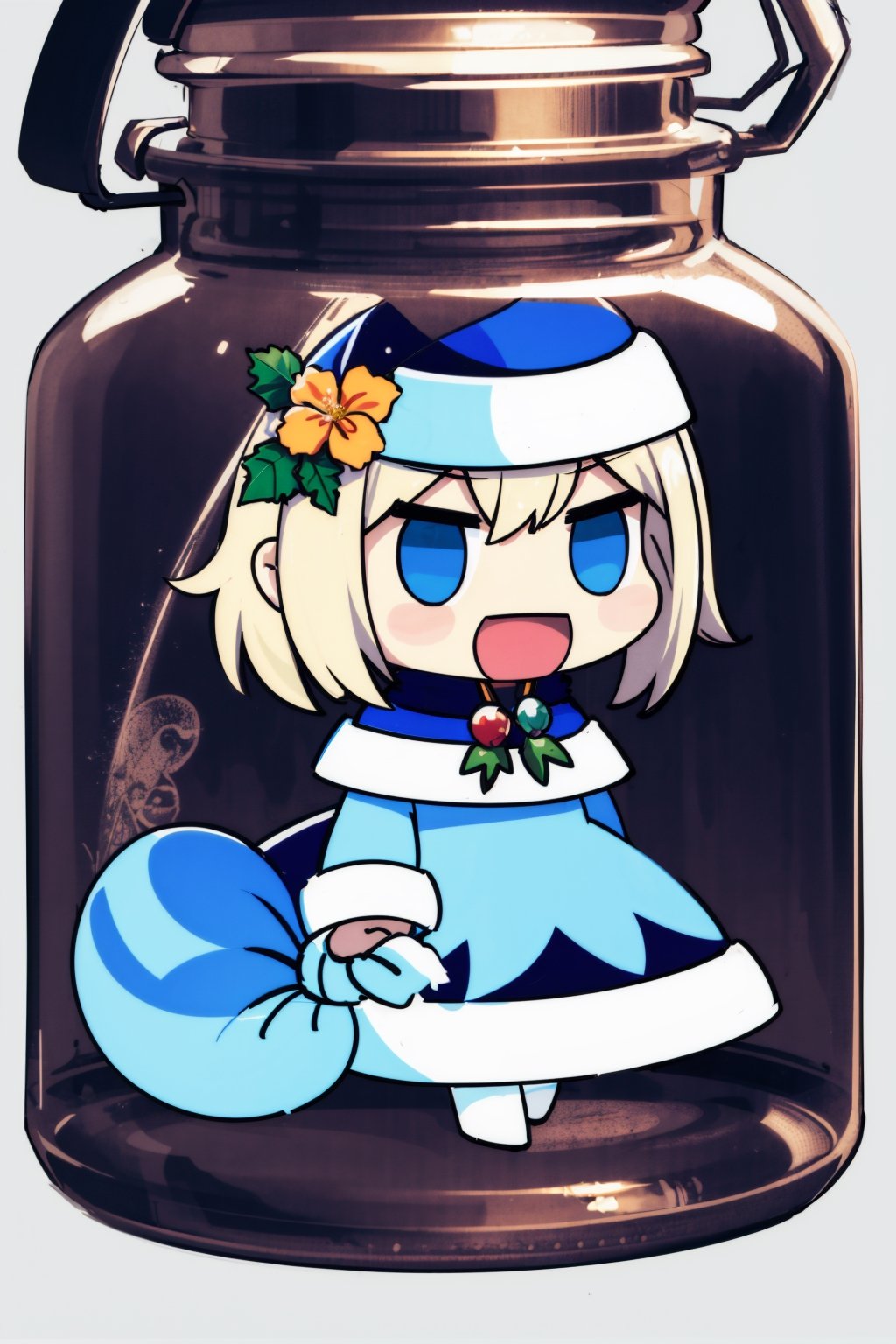 masterpiece, 1girl, flowers, funny padoru meme, holding sack,chibi,:d,santa hat,padoru meme ,JAR, bottle, jar, gib\(concept\)  simple background, full body, air bubble, water, submerged, minigirl