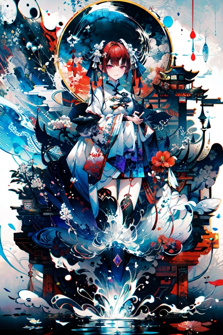 masterpiece, 8k, (absurdres, highres, ultra detailed), (1lady:1.3), purple eyes, red hair, short twintails, EpicArt,Chinese ink paint,water inkSpot,White and white,Chinese style,