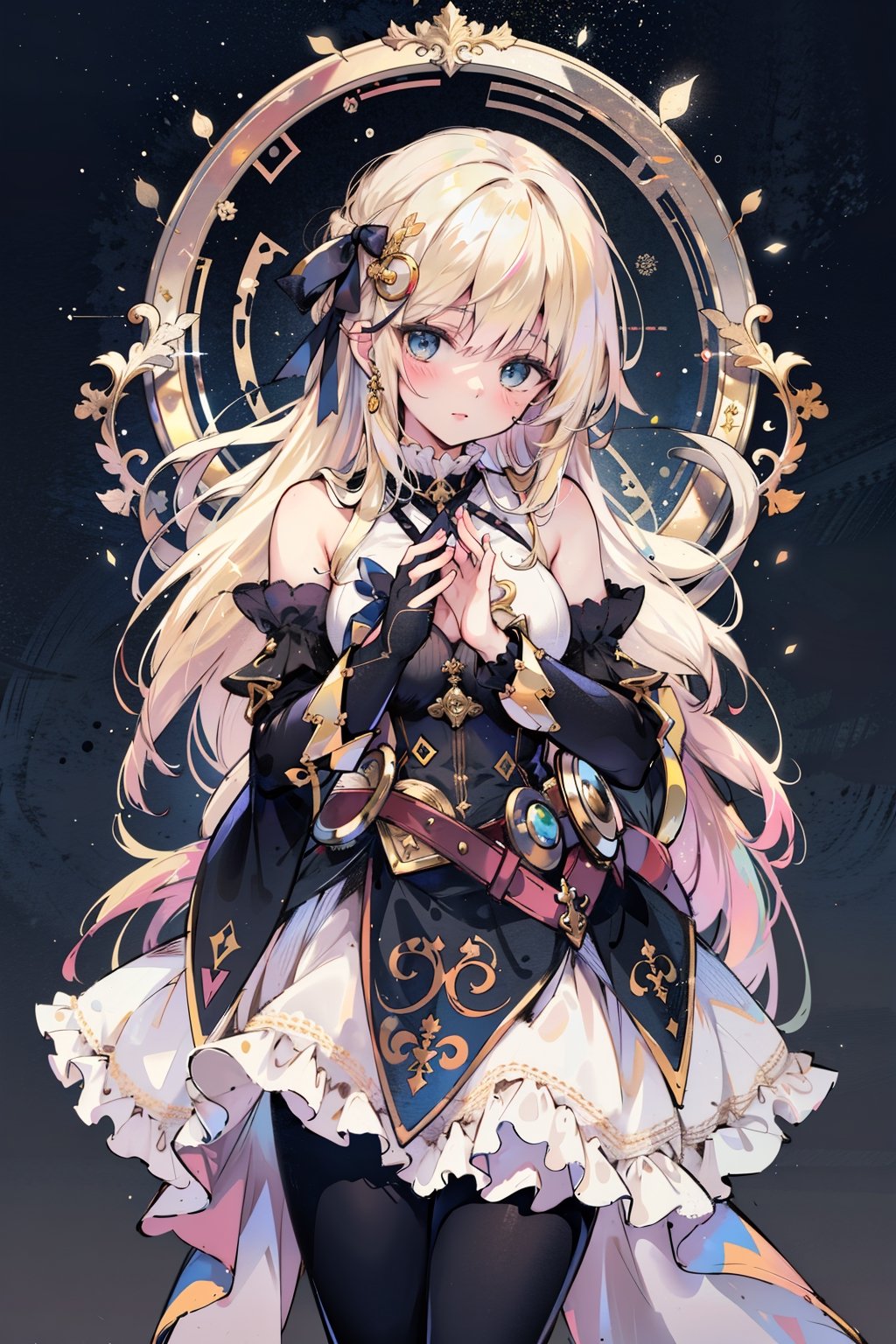 masterpiece, 1girl, blue eyes, very long hair, blonde hair, long blonde hair, french braid, bangs, medium breasts, hair ribbon, frilled choker, criss-cross halter, sleeveless dress, high-waist skirt, backless dress, waist bow, detached sleeves, frilled sleeves, wide sleeves, pantyhose, white legwear, mary janes, intricate image a beautiful glass woman, green foliage and pink and yellow fowery vines background, work of beauty and complexity, ultra detailed face and eyes, 8k UHD, alberto seveso style, fantasy style, glowing fractal glass elements, dynamic pose, amber glow,  (masterpiece, best quality:1.5),