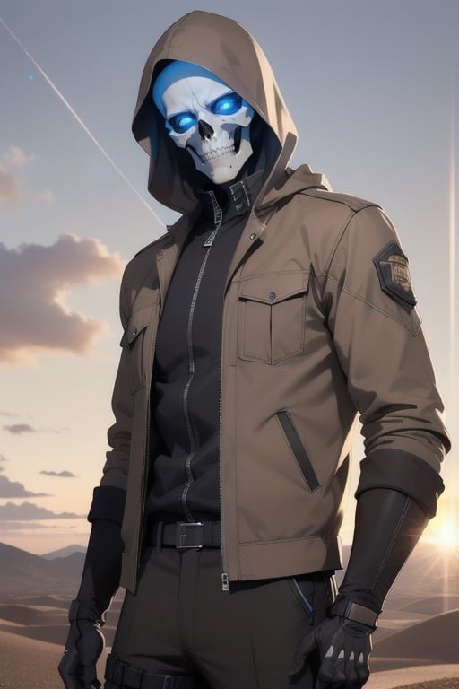 Metal skeleton, glowing blue eyes, brown hooded jacket, brown jacket , zipped up jacket, hood up, desert,realistic, work trousers, , black gloves, mysterious pose, sunrise, lens flare, boots