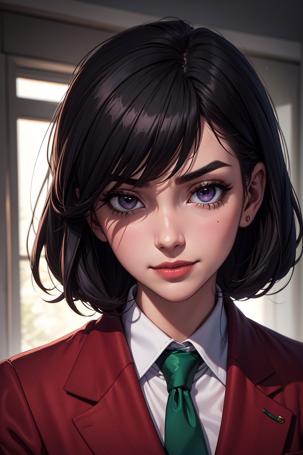 Alyssa Hale, dressed in her school uniform a  white shirt, emerald green blazer, and crimson tie, pulls back her short black hair with a vibrant red headband, revealing her warm purple eyes. A hint of mischief and playfulness passess across her face as she glances directly at the viewer with a subtle smirk, exuding an air of mystery and intrigue,surrounded by darkness,she lurks with a evil atmosphere.