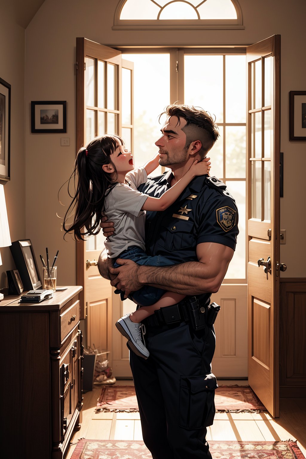 A loving reunion: A handsome father, clad in elite police attire, returns home from a long day's work, his worn-out equipment and weary expression a testament to the demands of his job. As he steps into the cozy living room, his little daughter's enthusiastic energy is palpable. With arms wide open, he beckons her closer, inviting her to jump into his embrace. Framed by a warm, golden light, the tender moment captures the joy and warmth of family bonding.