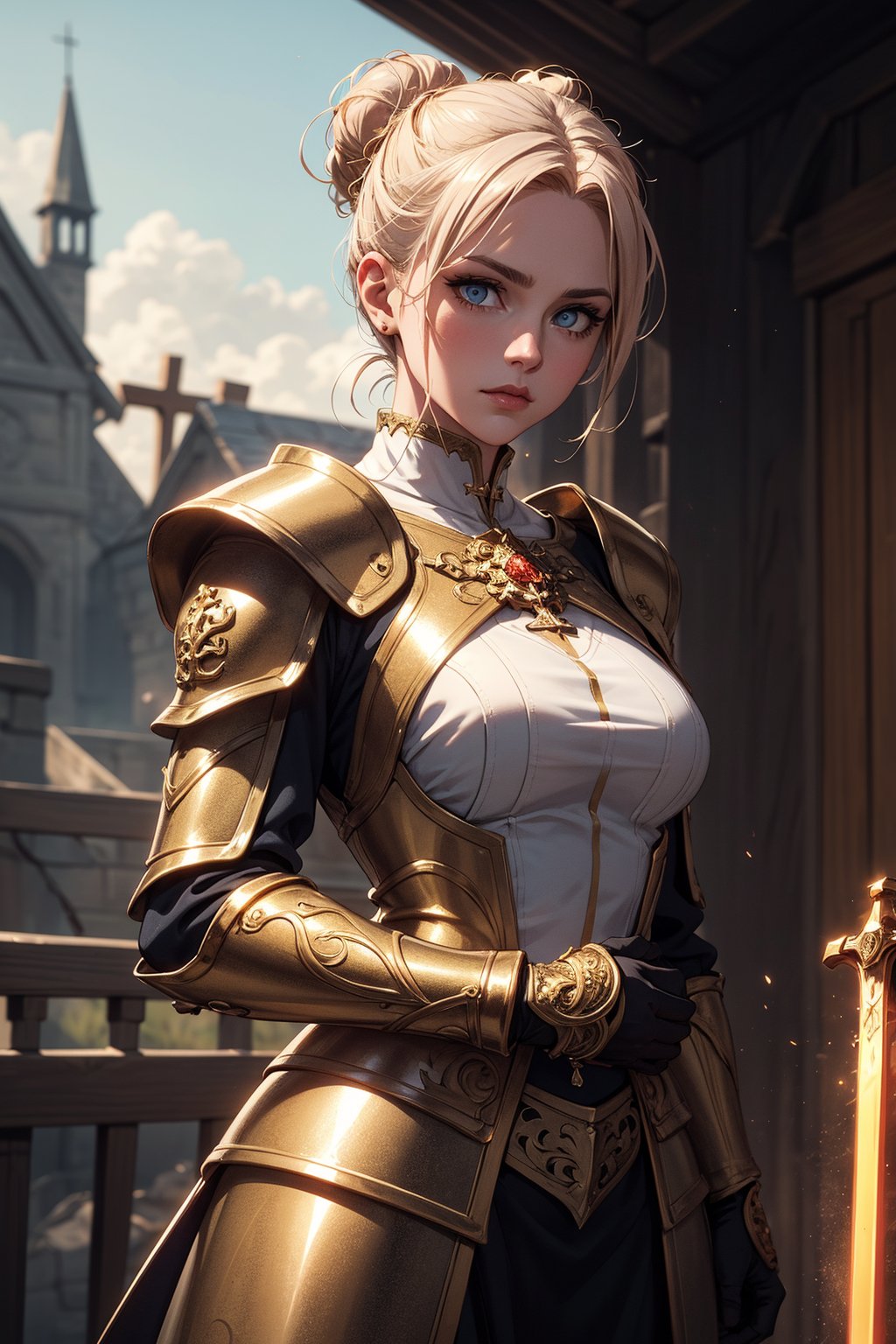 A regal maiden with fiery locks tied in a bun,posed in a dramatic medieval landscape, looking at the viewer. She stands resolute, clad in shining white paladin armor adorned with intricate golden crosses and engravings, her eyes aglow with devotion. Her slender hands grasp the hilt of her holy sword, held steady before her as if ready to vanquish any darkness that dares approach. The soft focus of a warm, golden light casts a flattering glow on her porcelain skin, while the rugged terrain behind her serves as a striking backdrop for this vision of valor and virtue.