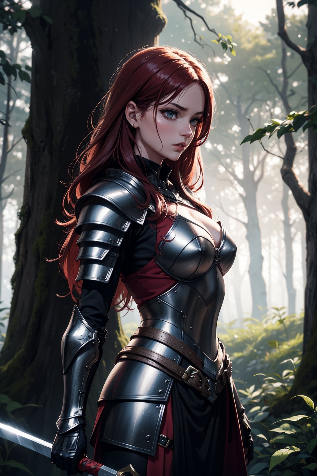 A captivating redhead dons a striking black darkness armor, posing against a misty, moonlit forest backdrop. The armor's darkened hue accentuates her fiery locks as she stands confidently, one hand grasping the hilt of a sword at her side. The camera captures her regal presence from a slight angle, with the surrounding trees and underbrush blurred to emphasize her striking beauty.