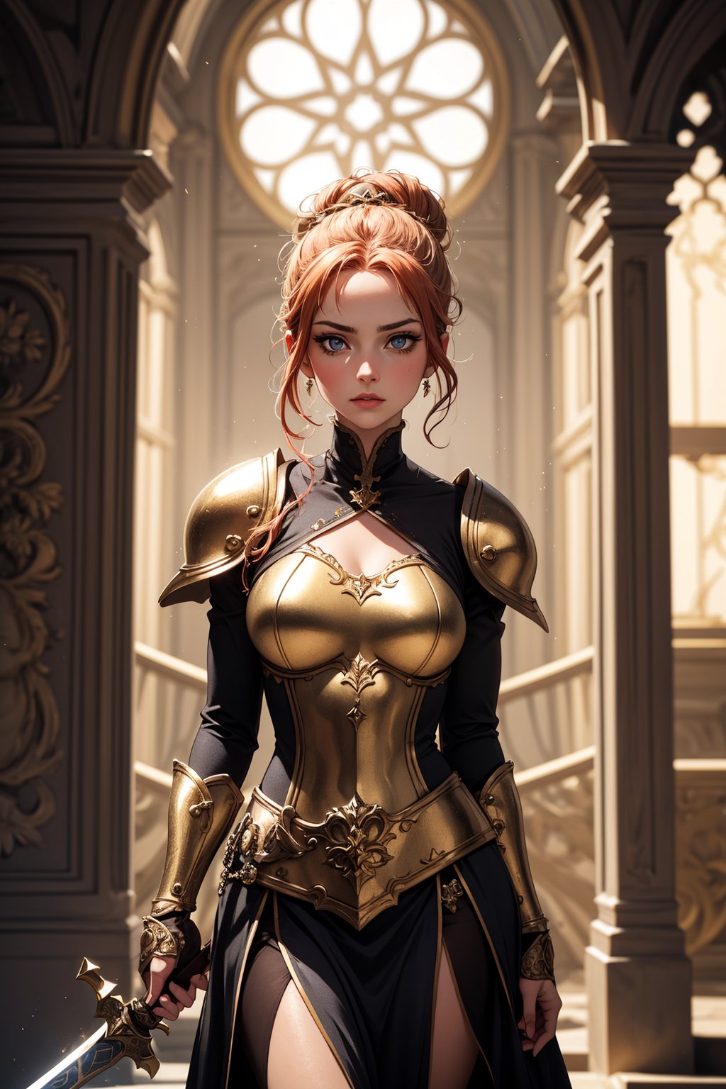 A regal maiden with fiery locks tied in a bun,posed in a dramatic medieval landscape, looking at the viewer. She stands resolute, clad in shining white paladin armor adorned with intricate golden crosses and engravings, her eyes aglow with devotion. Her slender hands grasp the hilt of her holy sword, held steady before her as if ready to vanquish any darkness that dares approach. The soft focus of a warm, golden light casts a flattering glow on her porcelain skin, while the rugged terrain behind her serves as a striking backdrop for this vision of valor and virtue.