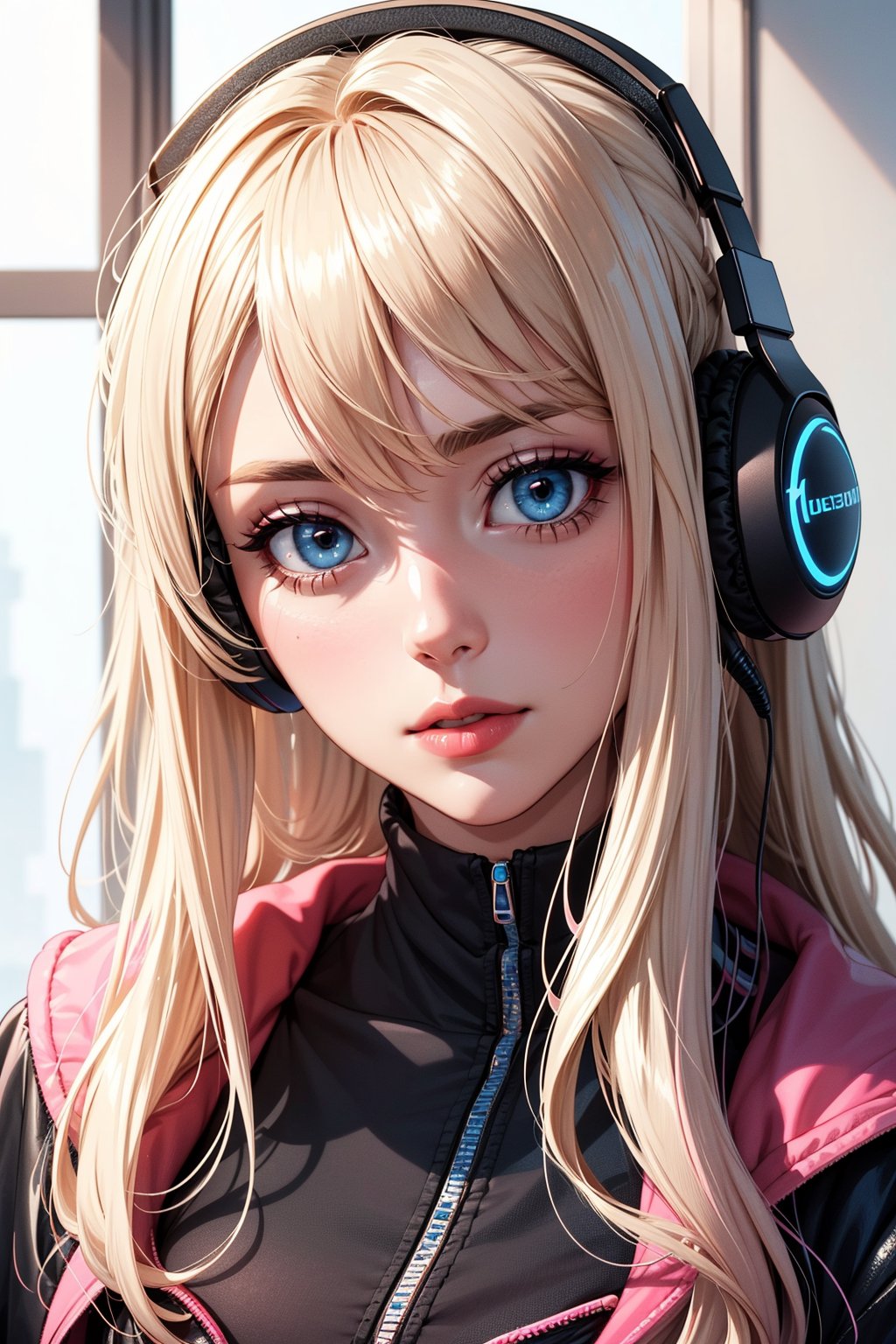 Stunning beauty girl light blonde hair straight with blue and pink locks with beauty make up listening music using headphones looking at the viewer her eyes is one of each color