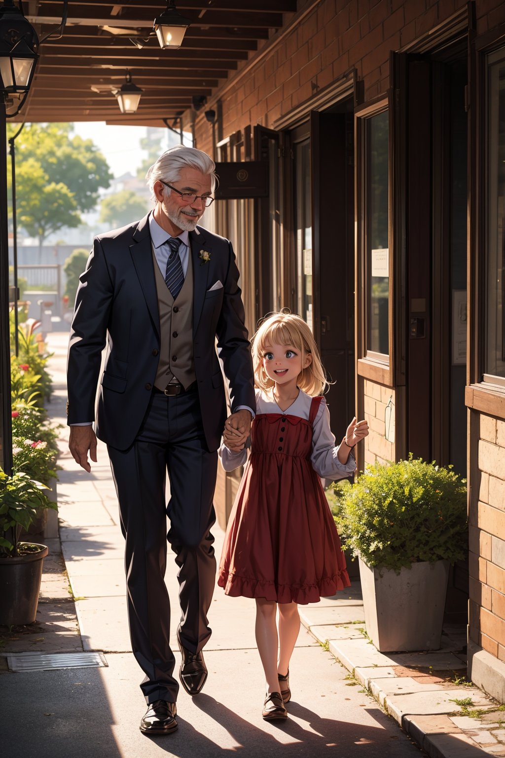 A tender moment captured on camera: a handsome middle-aged man with distinguished white hair, dressed in a crisp suit and warm smile, gently holds the hand of his adorable little girl, who beams with excitement as she wears her favorite dress for her very first day of school. The soft morning light casts a golden glow, highlighting their bond as they stand in front of a charming brick-red school building, adorned with colorful murals and lush greenery.