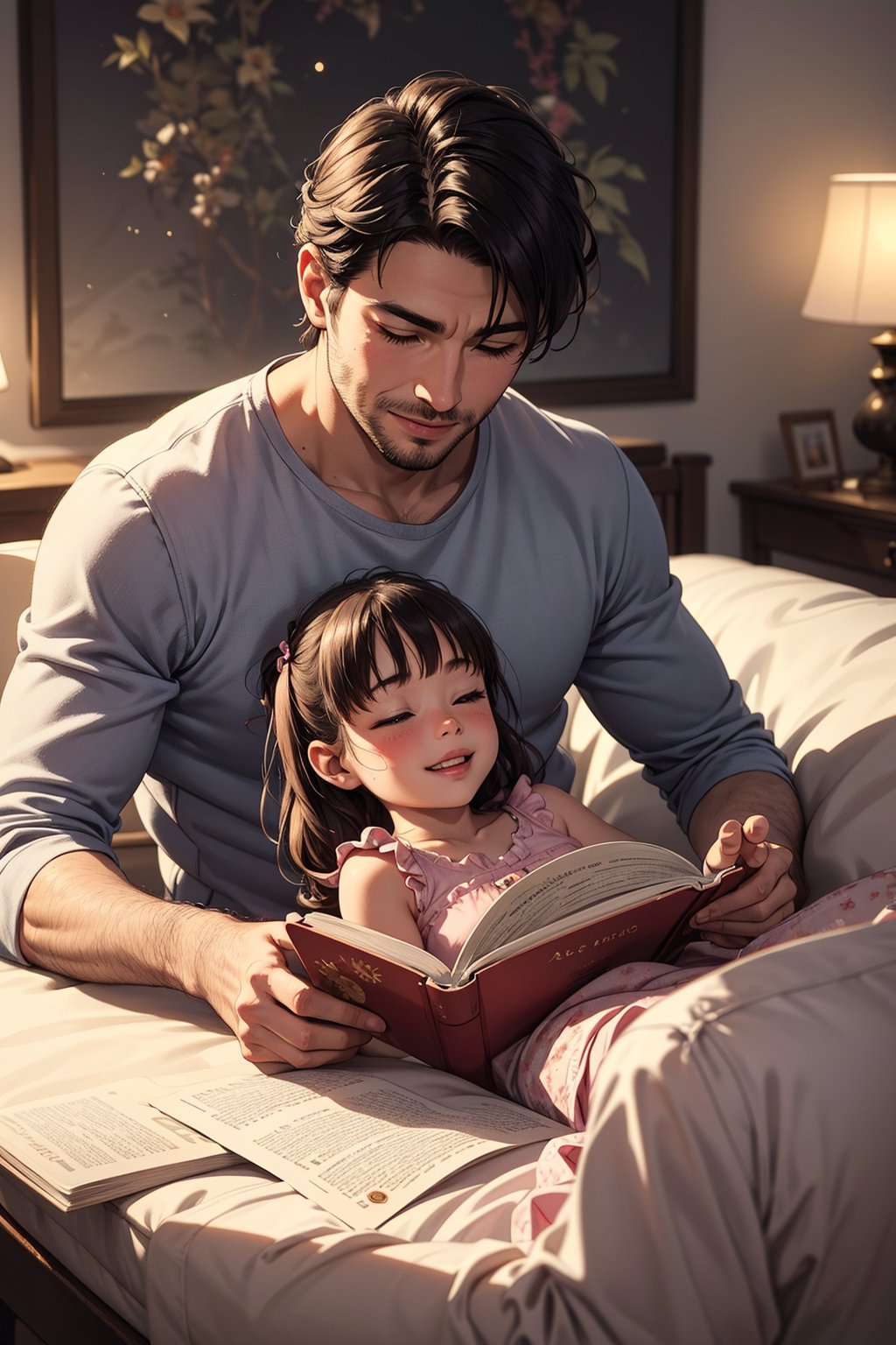 A tender moment captured on camera. The shot frames the handsome father, dressed in casual attire, lying on his back as he reads a book about princess history to his adorable little daughter. She's nestled comfortably on his chest, her bright smile lighting up the scene like an angelic glow. The soft focus and warm lighting evoke a sense of coziness and intimacy, while the subject's relaxed poses exude contentment and joy.