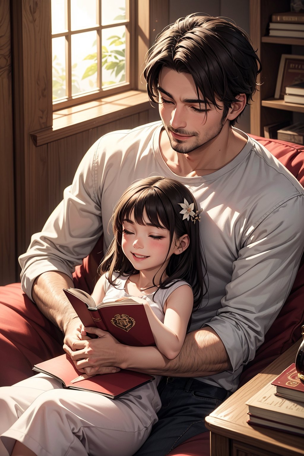 A tender moment captured on camera. The shot frames the handsome father, dressed in casual attire, lying on his back as he reads a book about princess history to his adorable little daughter. She's nestled comfortably on his chest, her bright smile lighting up the scene like an angelic glow. The soft focus and warm lighting evoke a sense of coziness and intimacy, while the subject's relaxed poses exude contentment and joy.