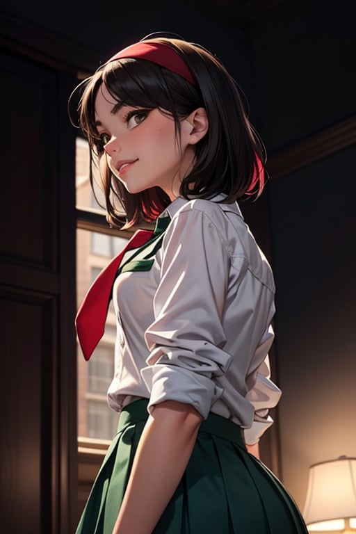 Alyssa Hale, dressed in her school uniform of a crisp white shirt, emerald green blazer, and crimson tie, pulls back her short black hair with a vibrant red headband, revealing her warm brown eyes. A hint of mischief and playfulness dances across her face as she glances directly at the viewer with a subtle smirk, exuding an air of mystery and intrigue.