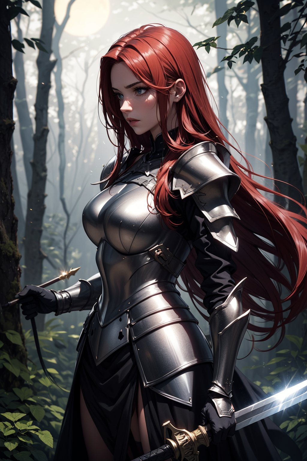 A captivating redhead dons a striking black darkness armor, posing against a misty, moonlit forest backdrop. The armor's darkened hue accentuates her fiery locks as she stands confidently, one hand grasping the hilt of a sword at her side. The camera captures her regal presence from a slight angle, with the surrounding trees and underbrush blurred to emphasize her striking beauty.