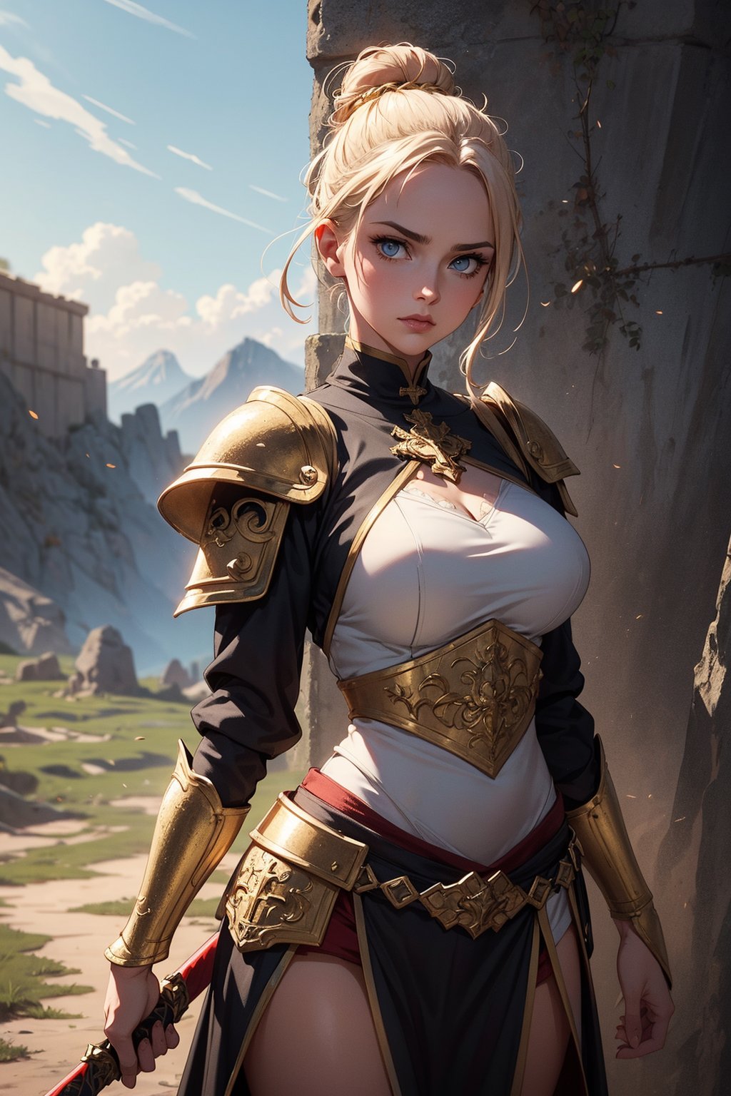 A regal maiden with fiery locks tied in a bun,posed in a dramatic medieval landscape, looking at the viewer. She stands resolute, clad in shining white paladin armor adorned with intricate golden crosses and engravings, her eyes aglow with devotion. Her slender hands grasp the hilt of her holy sword, held steady before her as if ready to vanquish any darkness that dares approach. The soft focus of a warm, golden light casts a flattering glow on her porcelain skin, while the rugged terrain behind her serves as a striking backdrop for this vision of valor and virtue.