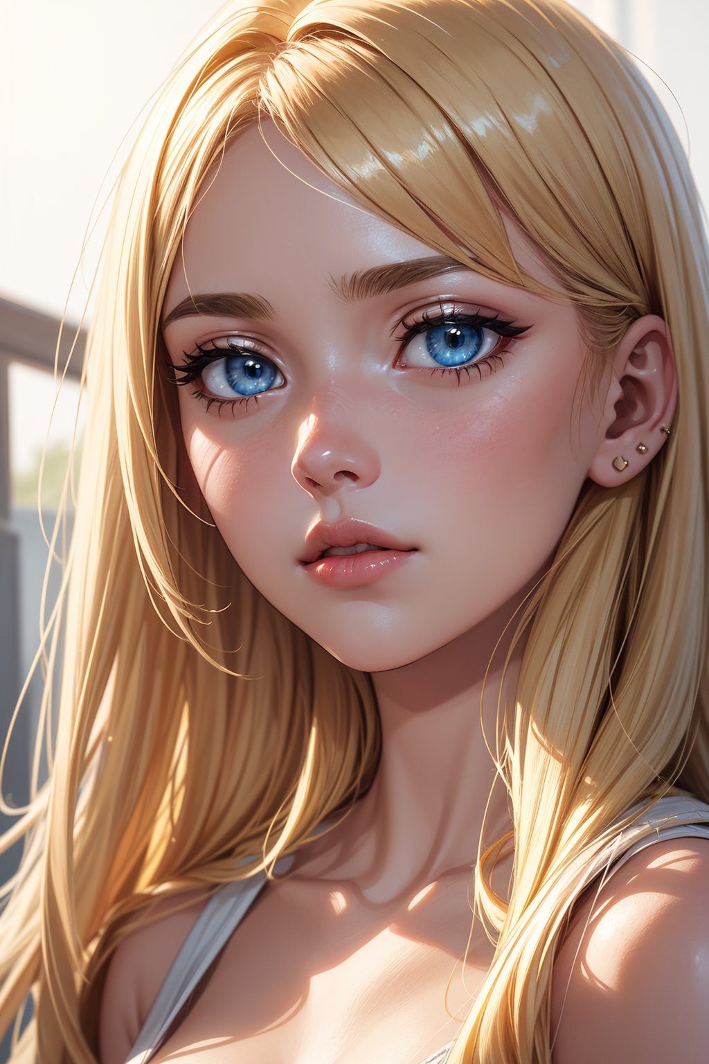 A serene and ethereal portrait of an angelic blonde girl with piercing blue eyes. The soft focus captures her gentle featu...