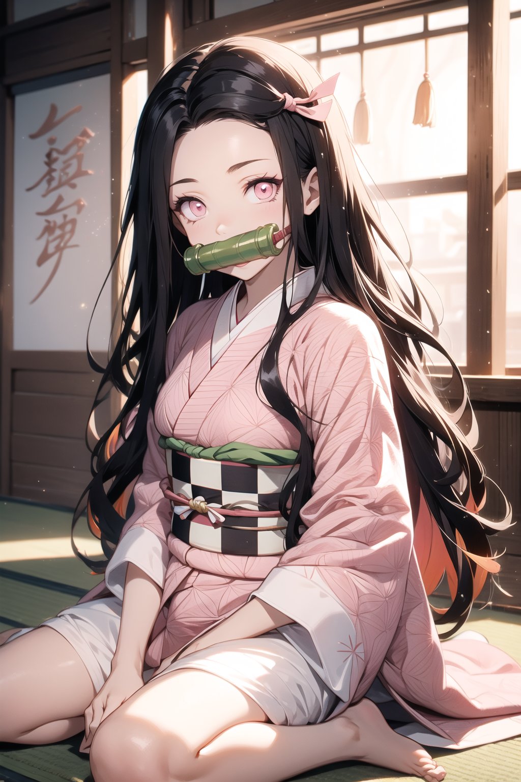 nezuko kamado, bamboo, bit gag, black hair, forehead, gag, gagged, hair ribbon, long hair, multicolored hair, (pink eyes:1.5), orange hair, slit pupils, wavy hair, two-tone hair, asa no ha (pattern), checkered sash, haori, japanese clothes, kimono, long sleeves, obi, pink kimono, sash, wariza,  wide sleeves, generate an image showing nezuko in a dojo while posing dynamically, photo of perfecteyes eyes, background,nezuko,photo of perfecteyes eyes