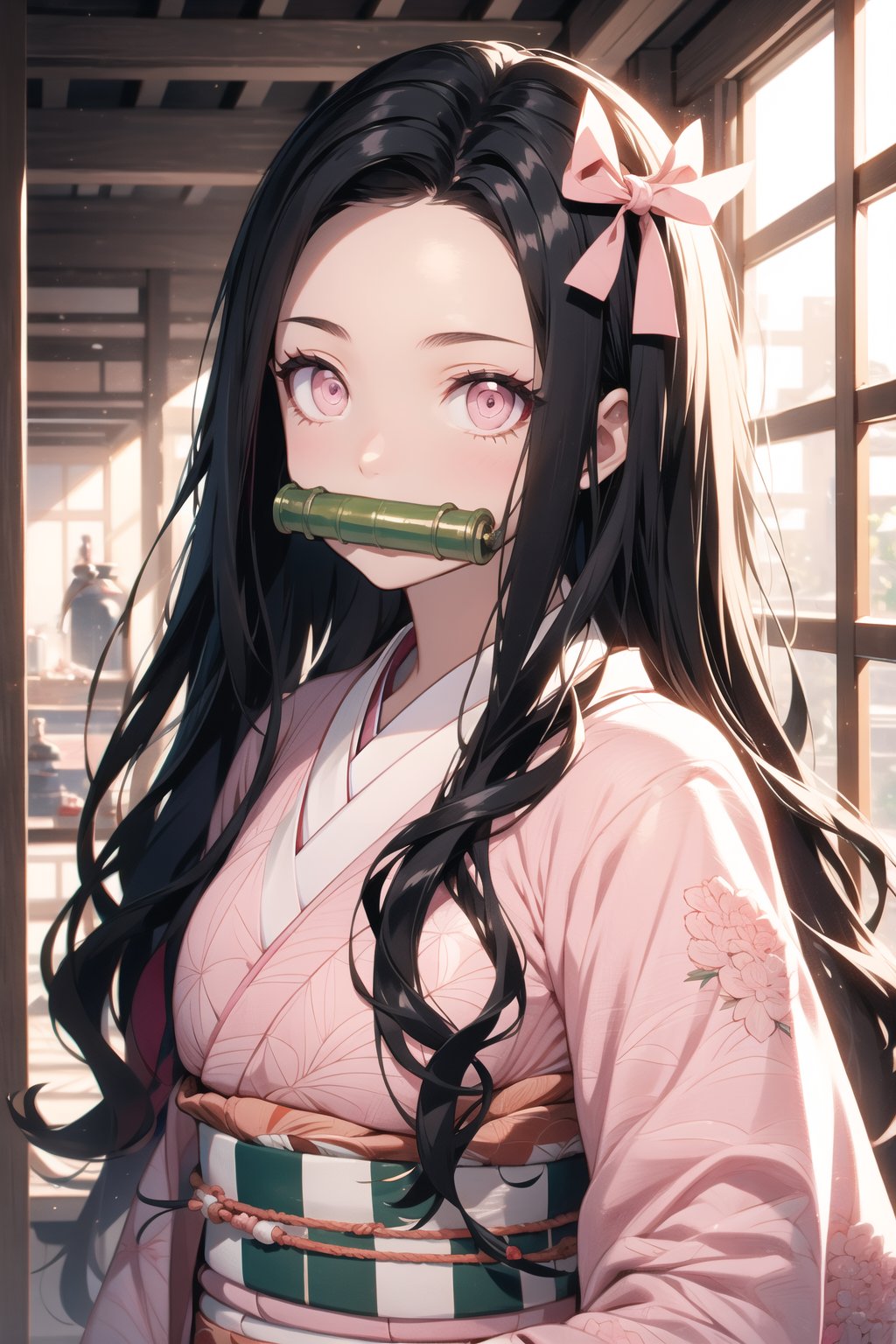 nezuko kamado, bamboo, bit gag, black hair, forehead, gag, gagged, hair ribbon, long hair, multicolored hair, (pink eyes:1.5), orange hair, slit pupils, wavy hair, two-tone hair, asa no ha (pattern), checkered sash, haori, japanese clothes, kimono, long sleeves, obi, pink kimono, sash, wariza,  wide sleeves, generate an image showing nezuko in a dojo while posing dynamically, photo of perfecteyes eyes, background,nezuko,photo of perfecteyes eyes