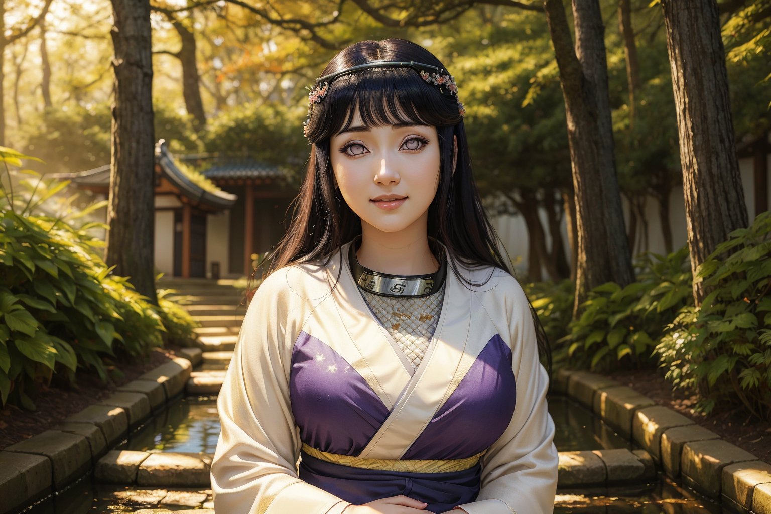 "Highest quality image, masterpiece, 1 girl, solo, ((Hinata Hyuuga, as a beautiful kitsune)), looking at viewer with a gentle smile, ((very pale skin)), beautiful gray eyes, long black hair, curvy body, wearing an elegant kimono adorned with fox motifs, multiple shimmering tails fanning out behind her, outdoors in a lush forest, illuminated by soft sunlight, perfect details, Kitsune_Hinata_HYUGA." 