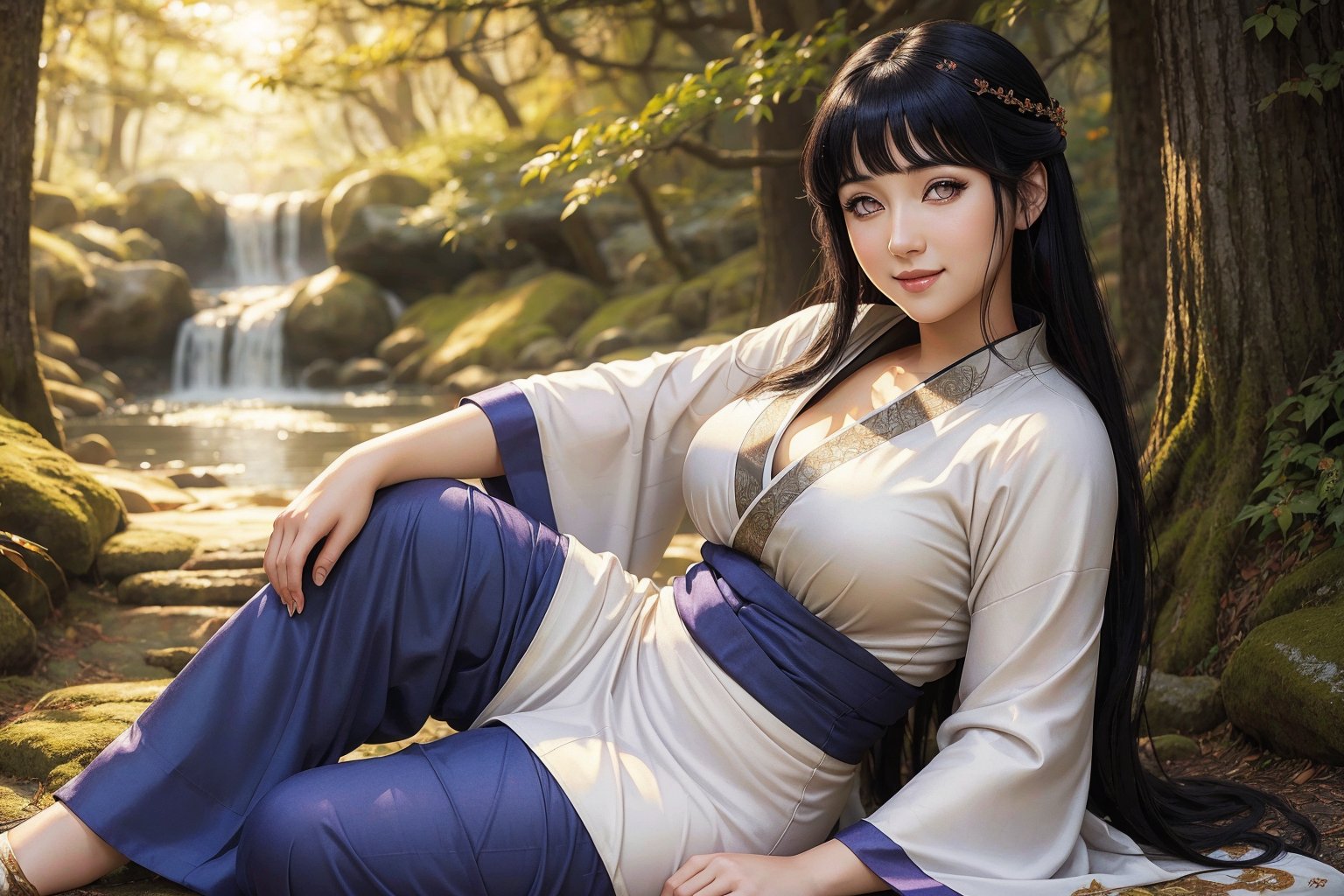 "Highest quality image, masterpiece, 1 girl, solo, Hinata Hyuuga, as a beautiful kitsune, looking at viewer with a gentle smile, very pale skin, beautiful gray eyes, long black hair, curvy body, wearing an elegant kimono adorned with fox motifs, multiple shimmering tails fanning out behind her, outdoors in a lush forest, illuminated by soft sunlight, perfect details, Kitsune_Hinata_HYUGA." 