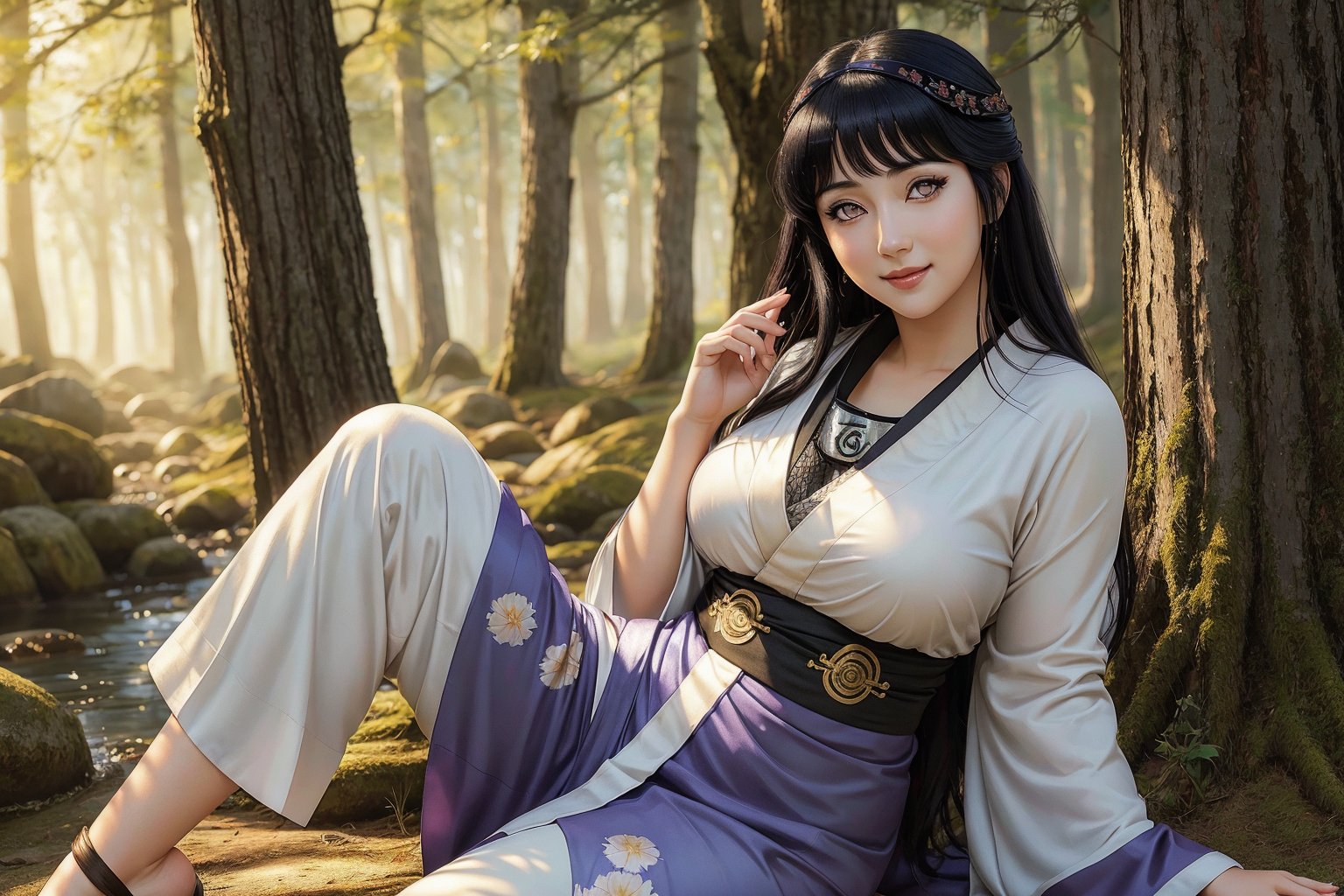 "Highest quality image, masterpiece, 1 girl, solo, Hinata Hyuuga, as a beautiful kitsune, looking at viewer with a gentle smile, very pale skin, beautiful gray eyes, long black hair, curvy body, wearing an elegant kimono adorned with fox motifs, multiple shimmering tails fanning out behind her, outdoors in a lush forest, illuminated by soft sunlight, perfect details, Kitsune_Hinata_HYUGA." 