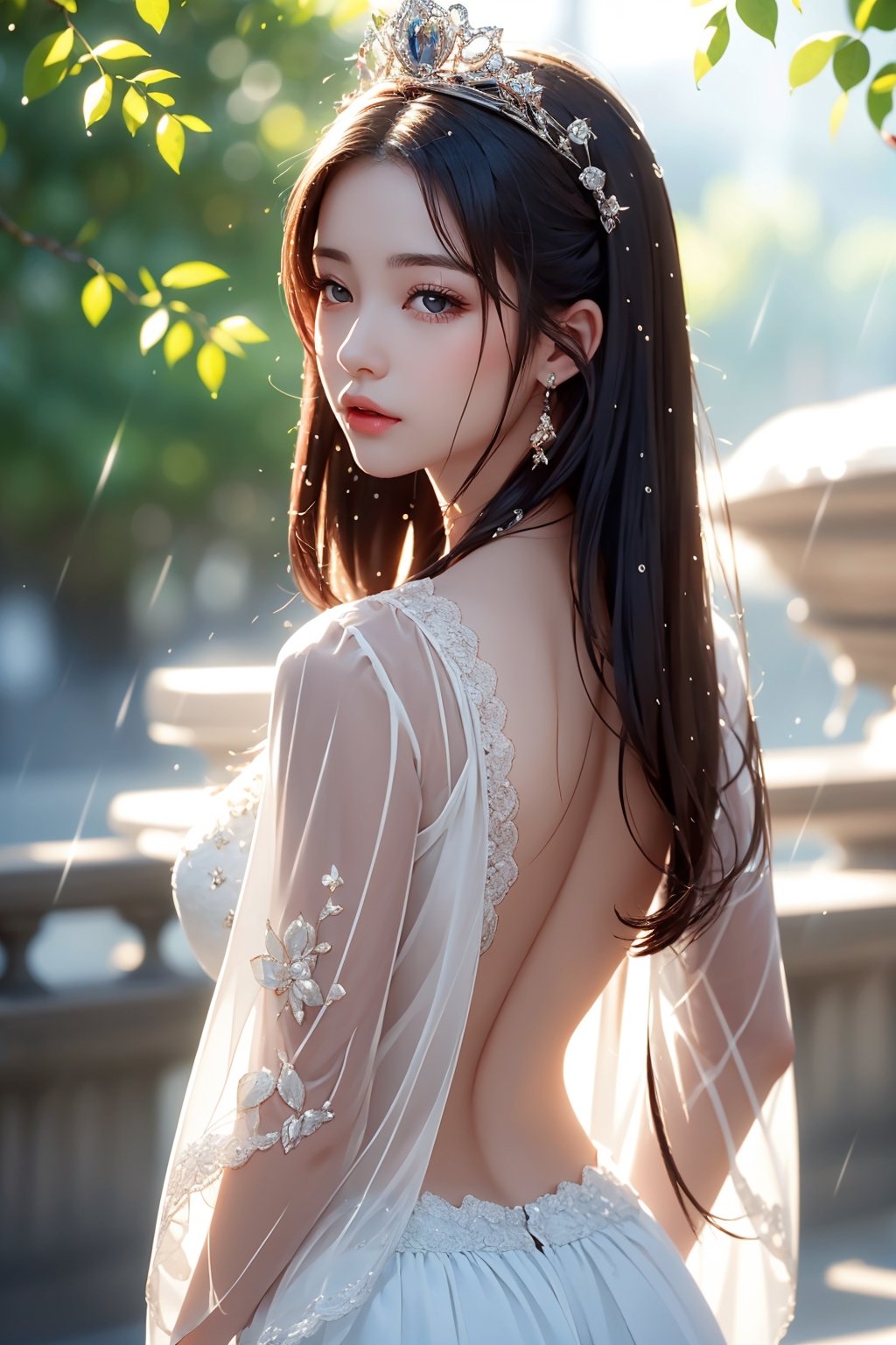 girl,  woman of the Renaissance, very bright light,  pouting, jwy1, ((see-through)),  {beautiful and detailed eyes},  ((hands behind back)), sumptuous jewel,  tiara,  wet,  rainy forest,  18 yo, CHIBI, 1 girl, wonyounglorashy,Perfect World,Soul land ,High detailed 