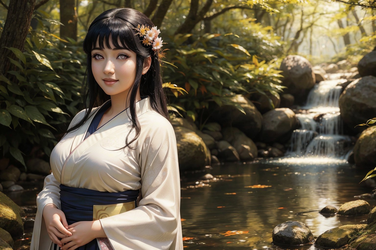 "Highest quality image, masterpiece, 1 girl, solo, Hinata Hyuuga, as a beautiful kitsune, looking at viewer with a gentle smile, very pale skin, beautiful gray eyes, long black hair, curvy body, wearing an elegant kimono adorned with fox motifs, multiple shimmering tails fanning out behind her, outdoors in a lush forest, illuminated by soft sunlight, perfect details, Kitsune_Hinata_HYUGA." 