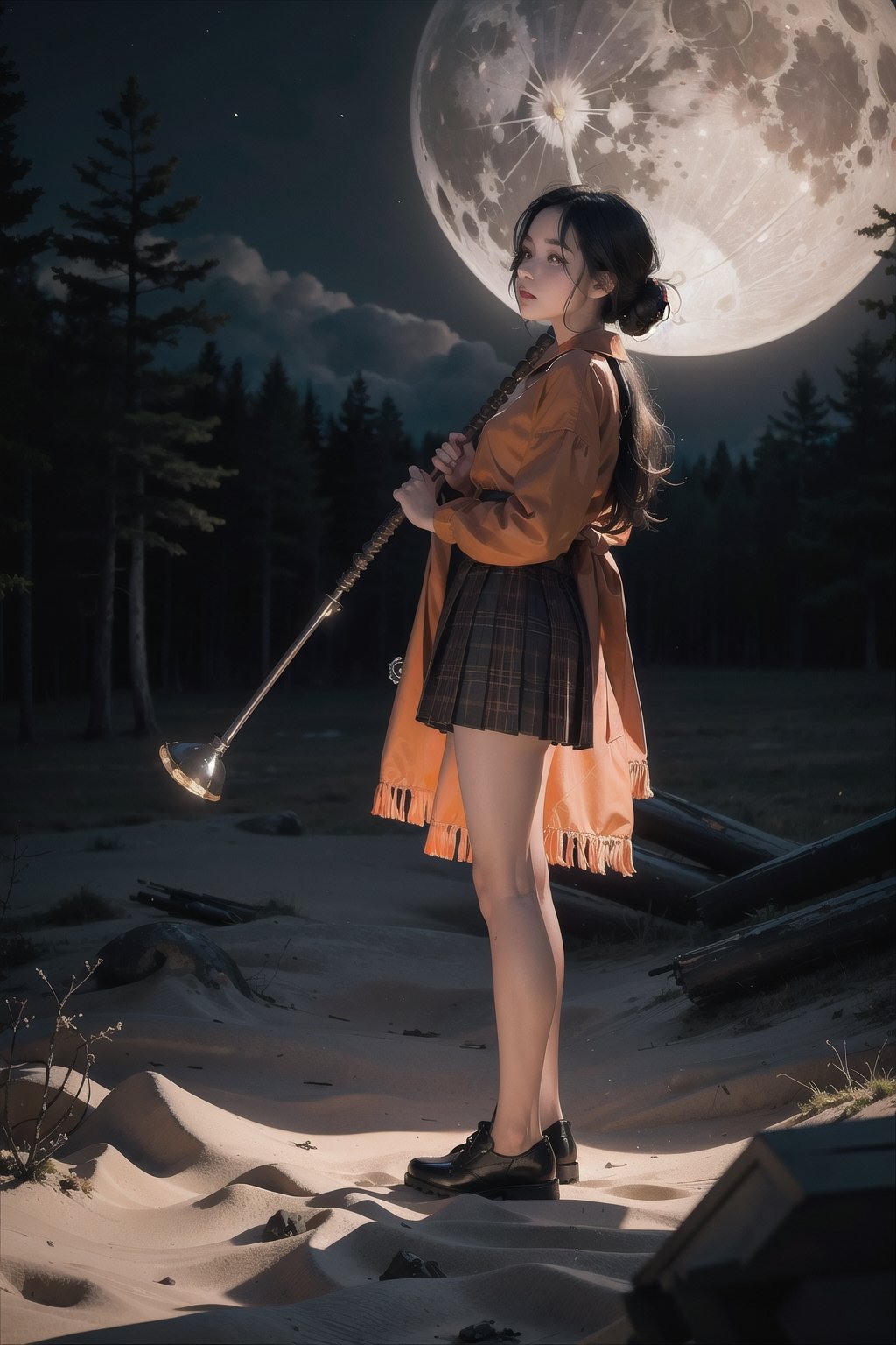 masterpiece,{{{best quality}}},(illustration)),{{{extremely detailed CG unity 8k ,Brilliant light,cinematic lighting,long_focus}}},women, moon background , illustration, Burnt Orange colour 
,full_body , side view, looking_at_viewer,Leonardo Style, halloween_2020,fate_stay_night,(daed forest background), black hair ,blurry_light_background,bagpipeqr