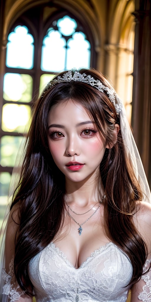 masterpiece,1girl,(mature female:0.5),tall body,golden proportions,(Kpop idol),(shiny skin:1.2),(oil skin:1.1),makeup,(close up),(church background),depth of field,(closed mouth:0.5),((long wavy brown hair)),(puffy eyes),(eyelashes:1.1),(parted lips:1.1),red lipstick,fantasy art style,dreamy light,(lace wedding dress:1.2),full body,(dreamy veil:1.1),(dusk:1.2),princess shoes,(diamond necklace),(crystal hairpin),tyndall effect,highres,asian girl,sohee,jisoo