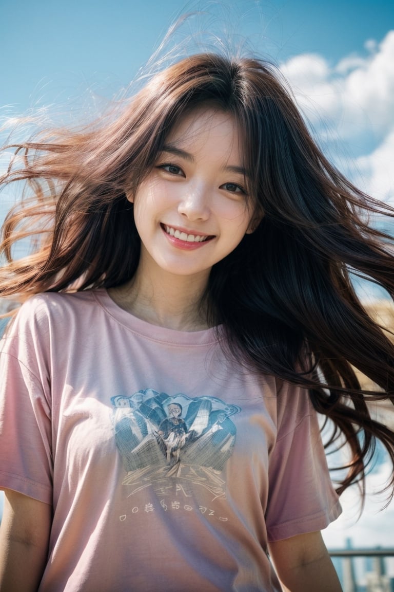 1girl, (happy face:1.2), long messy hair, wind blowing, dynamic pose, T-shirt, fly in sky, stunning high-rises background,
,stunningly beautiful, blush, Fantasy, highly detailed, Cinematic lighting,daytime,chromatic aberration,wide shot,High detailed 