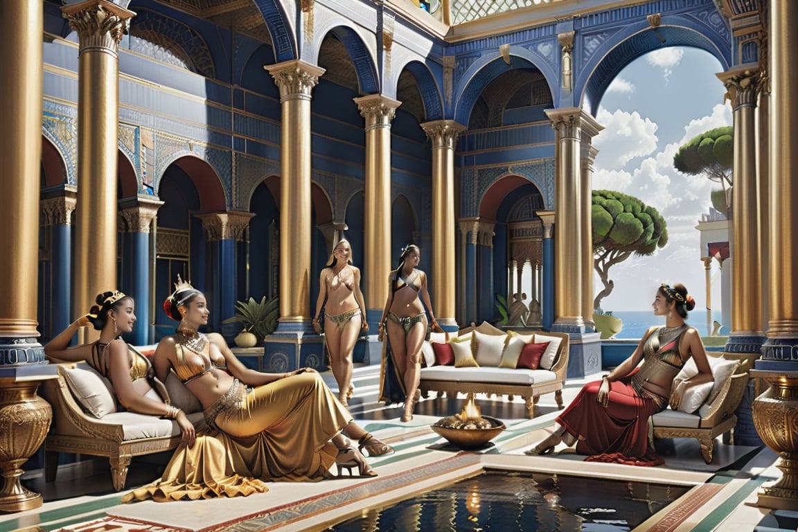 photorealistic Eugene Delacroix by Laurie Lipton superfine detailed color painting of all females harem relaxing in ornate exotic setting,highly detailed
