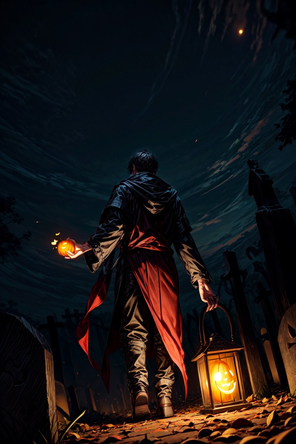 pumpkin man holding human lantern in hand in dark night at graveyard with some phantoms 

