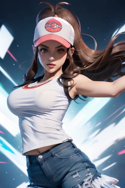 masterpiece, best quality, , hilda \(pokemon\), denim shorts, sleeveless shirt, white shirt, black vest, serious, baseball cap, white headwear,Hilda (pokemon), n:1.45), cowboy shot, curved body, dynamic sexy pose, sexy body, (big breast:1.0), 9 head length body, looking at viewer, (dynamic pose:1.5),cowboy_shot 