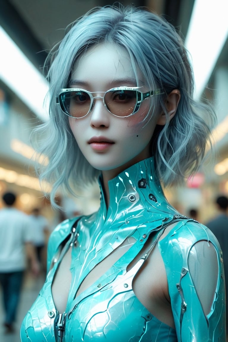 A beautiful young woman is wearing metal for the futurist, cyberpunk, futuristic technology, and girls holding weapons in dazzling colors, wearing science fiction glasses, in the style of yuumei, light turquoise and light silver, waist shot, 8k resolution, joong keun lee, tanya shatseva, light acade, shopping plants mall background,smile, (oil shiny skin:0.8), (big breast:0.8), (perfect anatomy, prefecthand, long fingers, 4 fingers, 1 thumb), 9 head body lenth, breast apart, looking at viewer, (upper_body:0.8), (view_from_behind:1.5), 