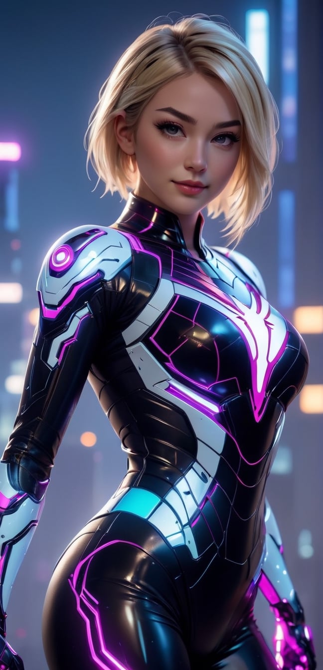 medium shot,4k,best quality,masterpiece,1 American girl, a girl,blond hair, (best quality, masterpiece, colorful, highest detailed) intense short blonde hair, \Gwendolyne Maxine Stacy\ Spider-Gwen suit, (ultrahigh resolution textures), in dynamic pose, bokeh, glowing web, (intricate details, hyperdetailed:1.15), detailed, moonlight passing through hair, perfect night, fantasy background, (official art, extreme detailed, highest detailed), HDR+, smile,(oil shiny skin:1.0), (big_boobs:2.0), willowy, chiseled, (hunky:2.6),(( body rotation 120 degree)), (perfect anatomy, prefecthand, dress, long fingers, 4 fingers, 1 thumb), 9 head body lenth, dynamic sexy pose, breast apart, (artistic pose of awoman),(PnMakeEnh),Strong Backlit Particles,Energy light particle mecha,Cyberpunk geisha