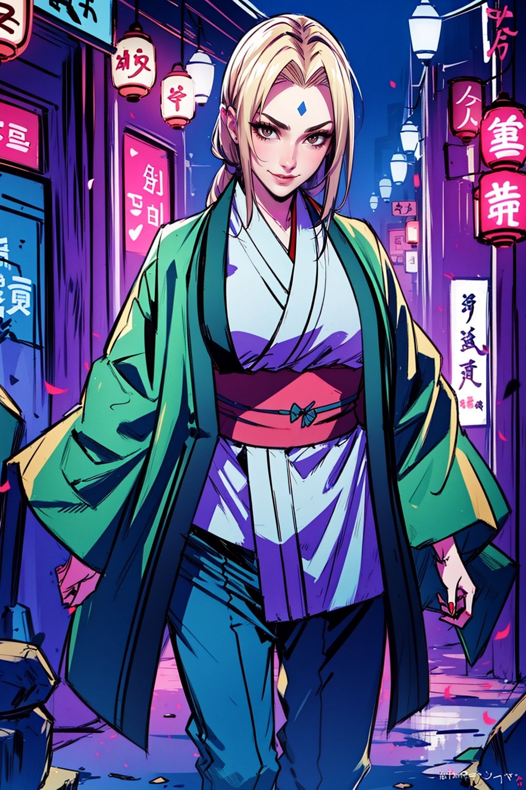 (masterpiece,  best quality),  ultra detailed,  1girl,  TsunadeNDV,  huge breasts,  long hair,  blonde hair,  looking at viewer, TsunadeNDV,  japanese clothes,  kimono,  dark blue pant,  (kimono over pant:1.5),  standing,  outdoor,  (forehead stone:1.3),  smile, ,TsunadeNDV,niji style,song-hyegyo-xl,Sabai,Neon Light