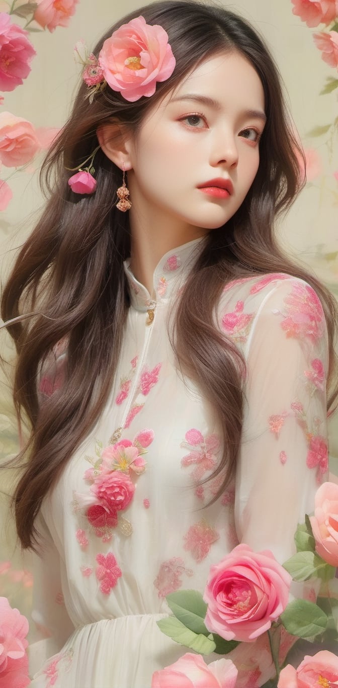 Create a modern-styled sketch portrait in silk textured paper of a gentle lady inspired by roses and love, utilizing the vibrant color palettes and sleek lines reminiscent of the works by Chinese contemporary artist Zhang Xiaogang, background is full of roses abstracts,chinese_painting,xxmix_girl,Chinese girl ,chrometech,DonM3lv3sXL,Sharp eyes ,DonMF41ryW1ng5XL